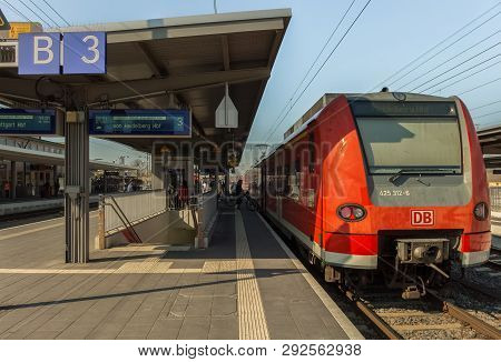 Heilbronn,germany - March 30,2019:main Station This Is An Outdoor Platform And A Train Stops.this Li