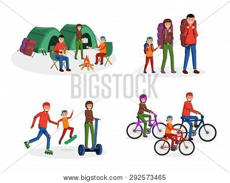 Joyful Cartoon Parents With Children Travelling, Riding Bike Scateboard, Going Camping With Tents Ve