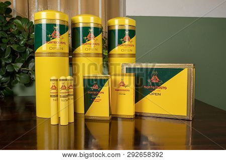 Santa Clara, Cuba - March 19 2019:montecirsto Cuban Cigars Snuffboxes And Boxes On A Table