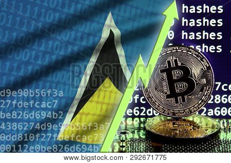 Saint Lucia Flag And Rising Green Arrow On Bitcoin Mining Screen And Two Physical Golden Bitcoins