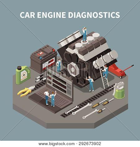 Isolated Car Service Composition With Car Engine Diagnostics Headline And Employees On Work Vector I