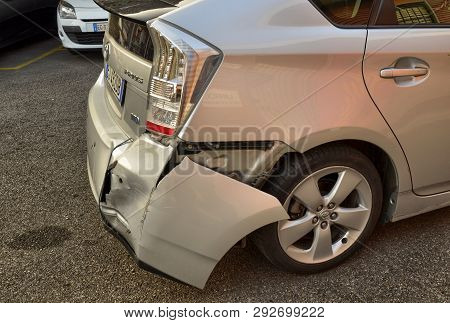 A Toyota Prius In Metallic Gray Was Damaged.