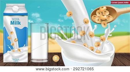Soy Milk Box Mock Up Ads With Splash Vector Realistic. Milk Box Product Placement. Label Design. 3d 