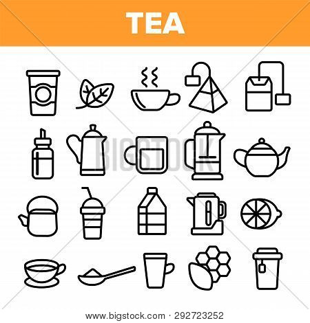 Tea Line Icon Set Vector. Restaurant Label Design. Tea Drink Icons. Traditional Mug Pictogram. Thin 
