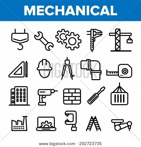 Engineering Line Icon Set Vector. Technician Design. Machinery Engineering Icons. Industrial Factory