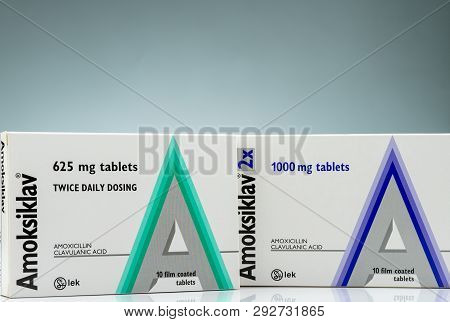 Chonburi, Thailand-october 14, 2018 : Amoksiklav 625 And 1000 Mg Film Coated Tablets. Amoxicillin An