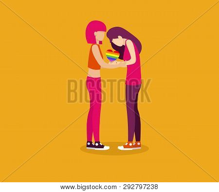 Two Lesbians Woman Holding Lgbt Rainbow Heart In Hands. Lgbt Pride Celebration, Flat Vector Illustra