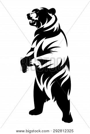 Rearing Up Brown Bear (ursus Arctos) - Black And White Vector Outline Of Standing Animal