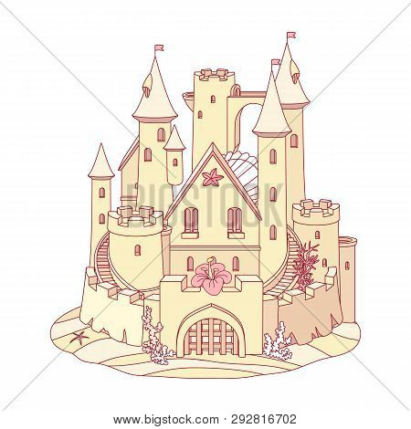 Vector Flat Line Fantasy Castle Sand, Sandcastle Fort Sculpture