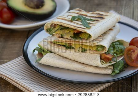 Healthy Avocado And Vegetables Burrito, Wraps, Rolles. Healthy Breakfast Or Snack. Avocado Sandwich.