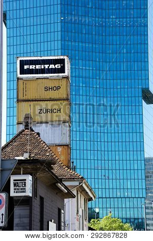 Zurich, Switzerland - April 19, 2015: Freitag Shop Built Of Containers With Prime Tower At The Backg