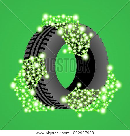 3d Digital Polygonal Plexus Recycling Arrows And Tire, New Modern Scientific Technology Research And