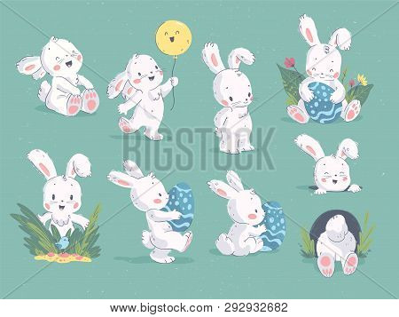 Vector Collection Of Hand Drawn Cute Little Rabbit Character With Air Balloon, Hole, Easter Egg, Flo