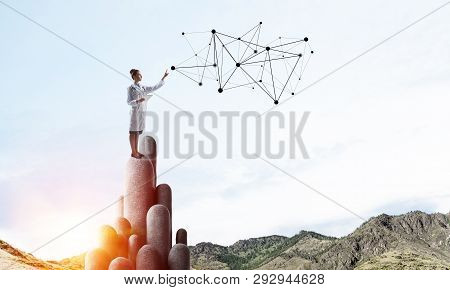 Young Female Doctor With Folder In Hands Satnding On Stone Column. 3d Rendering
