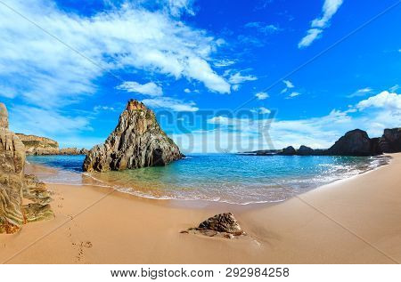 Summer Sandy Mexota Beach And Pointed Rock Near (spain). Atlantic Ocean Coastline Landscape. Three S