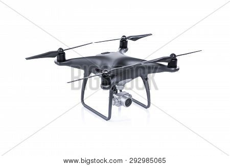 Black Drone With Camera Isolated On White Background. Quadcopter For Flying And Shooting 4k Uhd Vide