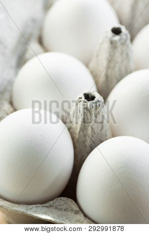 Fresh Organic Free Range White Eggs In Cardboard Box On Wood Kitchen Table. Macro Shot With Eggshell