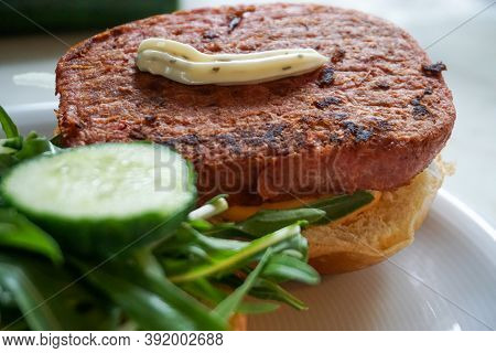 Selfmade Vegan Hamburger Patty Served On A Plate