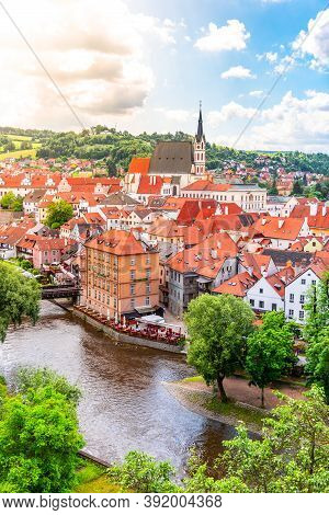 Panoramic View Of Cesky Krumlov With St Vitus Church In The Middle Of Historical City Centre. Cesky 