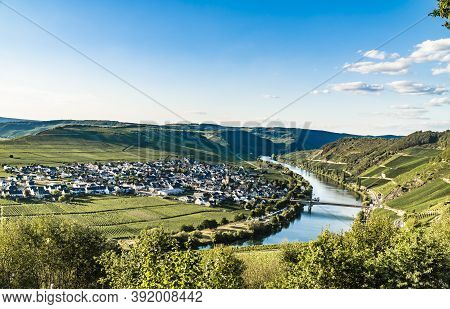 Blue Hour With View To Trittenheim Moselle Valley In Germany