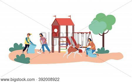 Volunteers Cleaning Child Playground From Garbage. Women And Man Putting Trash Into Bags For Recycli