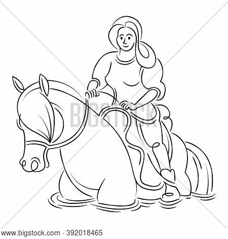Young Girl Woman Rider Riding A Horse. Equestrian Sport Concept. Continuous Single Line.flat Sketch 