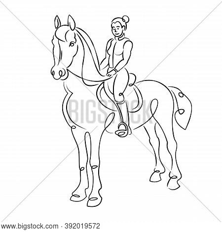 Young Girl Woman Rider Riding A Horse. Equestrian Sport Concept. Continuous Single Line.flat Sketch 