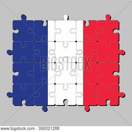 Jigsaw Puzzle Of France Flag In A Vertical Tricolor Of Blue White And Red. Concept Of Fulfillment Or