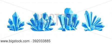 Ice Crystals Or Blue Gem Stones. Set Of Crystal Druses Made Of Blue Quartz Isolated In White Backgro