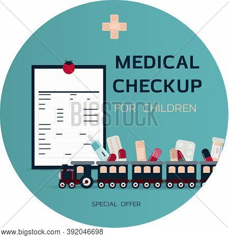 Medical Poster With Medicines, Test Tubes And A Thermometer. Advertising Online Pharmacies Or Remote