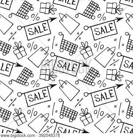 Vector Seamless Pattern With Inscriptions And Symbols Sale. Hand Drawn Background And Texture On The