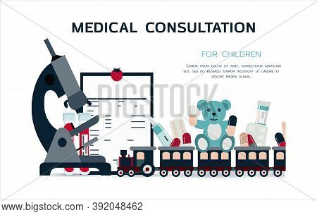 Medical Poster With Medicines, Test Tubes And A Thermometer. Advertising Online Pharmacies Or Remote
