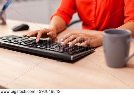 Unrecognizable Businesswoman Entrepreneur Typing Finance Communcation In Workplace. Busy Successful 