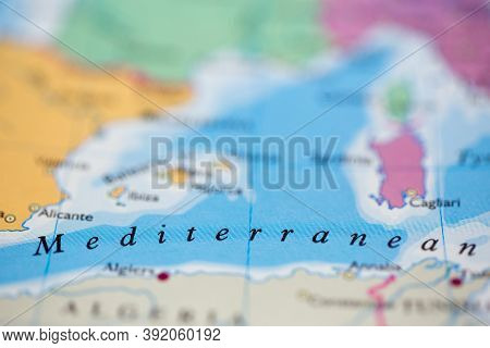 Shallow Depth Of Field Focus On Geographical Map Location Of Mediterranean Sea Off Coast Of Europe A