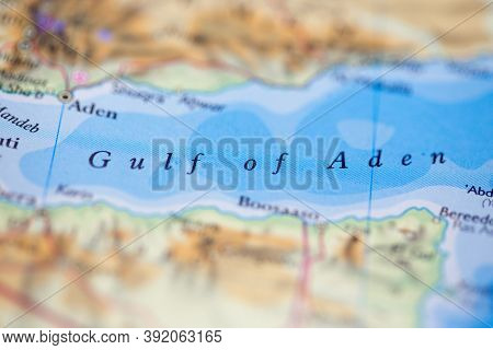 Shallow Depth Of Field Focus On Geographical Map Location Of Gulf Of Aden Off Coast Of Yemen On Atla