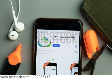 New York, Usa - 26 October 2020: Dha Dubai Health Authority Mobile App Icon Logo On Phone Screen Clo