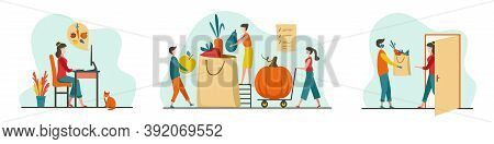 Grocery Delivery Concept. Safe Delivery Food Service During Quarantine. Online Ordering Steps Infogr