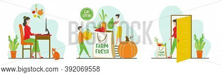 Online Ordering Steps Infographics. Grocery Delivery Concept. Eat Local Concept For Grocery Market, 