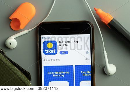 New York, Usa - 26 October 2020: Tiket.com Flight And Hotel Mobile App Icon Logo On Phone Screen Clo