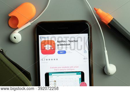 New York, Usa - 26 October 2020: Additio Teacher Gradebook Mobile App Icon Logo On Phone Screen Clos