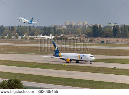 Ukraine, Kyiv - October 10, 2020: Planes Fly At Runway Terminal D Of The Boryspil International Airp