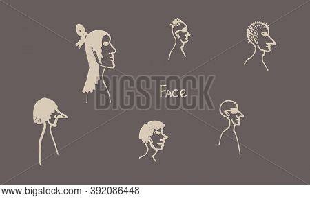 Half Face Silhouette. Vector Hand Drawn Ink Illustration. Collection Of Peoples Heads Side View. Sim