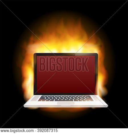 Laptop Damage. Laptop On Fire And Flames. Computer Repair. Vector Stock Illustration.