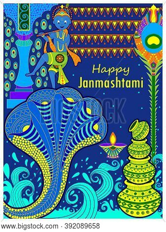 God Krishna Playing Flute On Happy Janmashtami Festival Background Of India