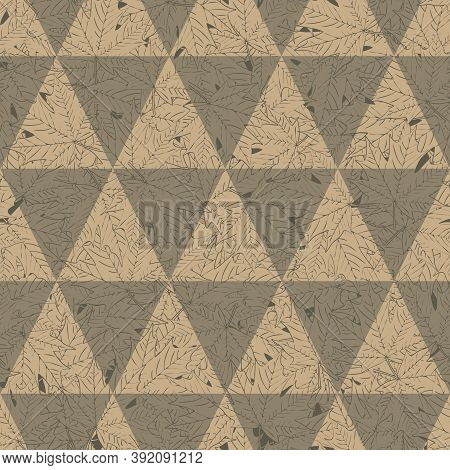 Vector Leaf Outlines In Brown In Brown Triangles Background. Seamless Repeat Pattern. Background For
