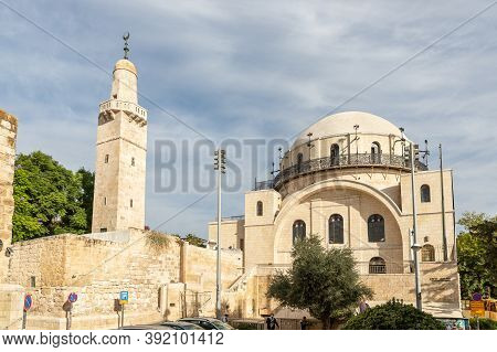 Jerusalem, Israel, October 24, 2020 : The Hurva Synagogue And The Caliph Omar Mosque In The Jewish Q