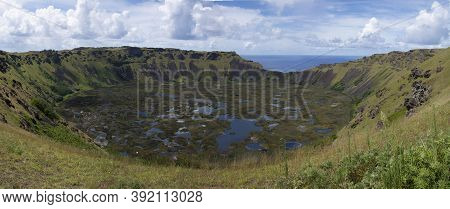 Ranu Kau Volcano Crater Panoramic Photography At Easter Island, Rapa Nui.