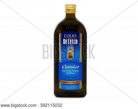 Bucharest, Romania - June 21, 2016. De Cecco Classico Extra Virgin Olive Oil Bottle Isolated On Whit