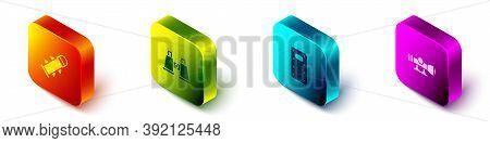 Set Isometric Rocket, Binoculars, Military Assault Shield And Sniper Optical Sight Icon. Vector