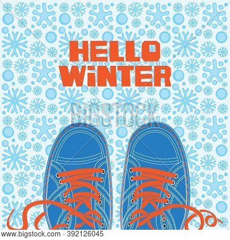 Winter Banner With Red Lettering Hello Winter And Blue Shoes On The Background Of A Seamless Pattern